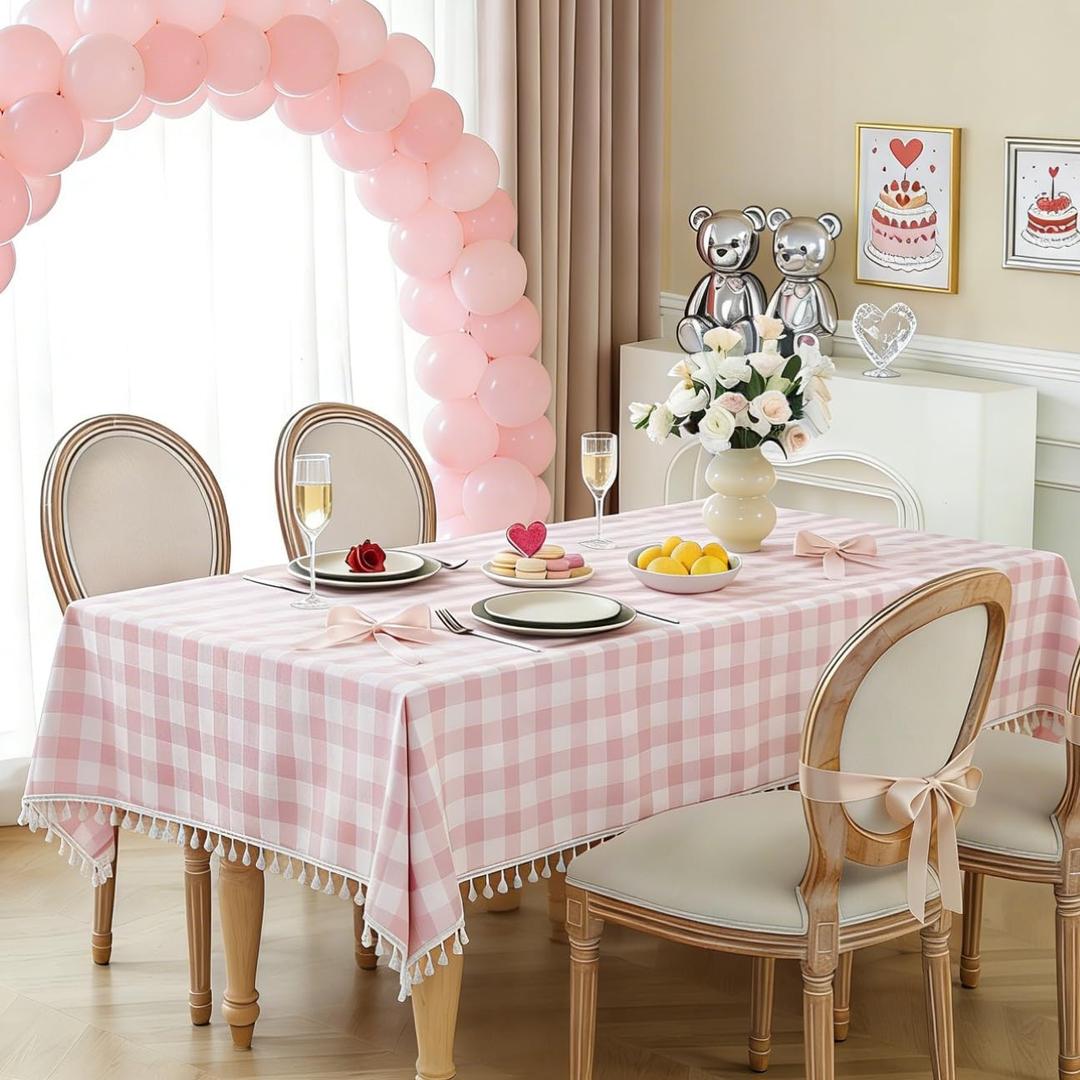 Laolitou Pink Checkered Spring Tablecloth Rectangle Washable Buffalo Plaid Table Cloth with Tassel Cotton Linen Gingham Table Cover for Dining Room, Pink, Rectangle 140x230cm 55x90IN