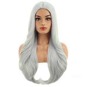 BERON Silver Wigs Long Wavy Wig for Women Natural Curly Gray Heat Resistant Synthetic Hair Wigs for Cosplay Party Daily or Use