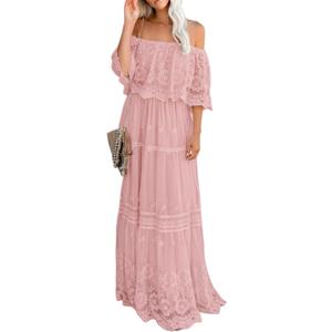 Women's Casual Off Shoulder Lace Maxi Dress Boho White Bridesmaid Wedding Evening Party Dresses (XX-Large, 01 Pink)