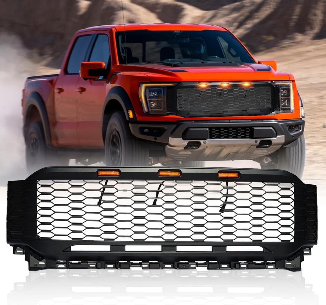 Front Grille For F150 2021 2022 2023, Front Mesh Grill Replacement Raptor Style with 3 Amber Led Lights Accessories, Matte Black