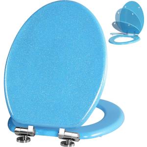Angol Shiold Glitter Toilet Seat Molded Wood Elongated Toilet Seat with Quietly Close and Quick Release Hinges, Easy to Clean also Easy to Install (Elongated 18.5'', Blue)