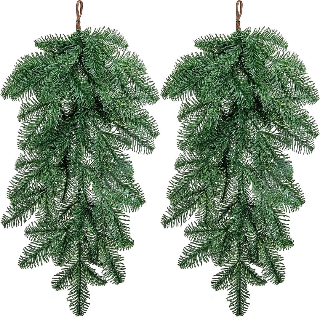 Watayo 2 Pcs Artificial Christmas Teardrop Swag, 23" Faux Norfolk Pine Teardrop Door Swag, Real Touch Greenery Pine Wreath Staircase Swags for Xmas Holiday Door Mantle Fireplace Decor Indoor Outdoor