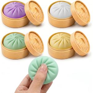 4Pcs Mini Dumpling Squishy, Glitter Dumpling Squishy Mystery Box, Dumpling Stress Ball Fidget Sensory Toy with Mini Food Steamer, Easter Basket Stuffers for Adults