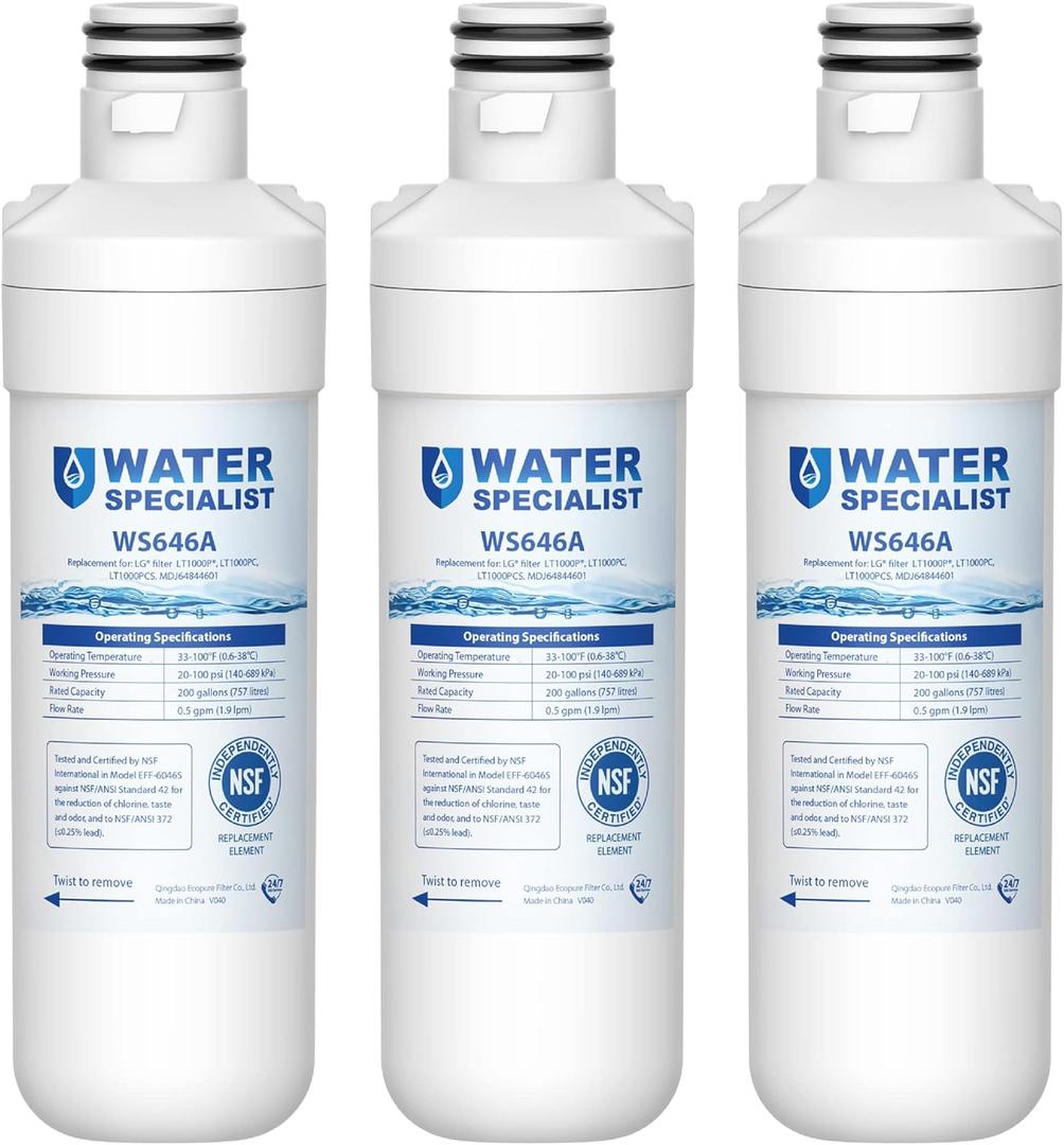 Waterspecialist LT1000PC ADQ747935 Replacement for LG LT1000P, LT1000PCS, LFXC24796S, LMXS28626S, LFXS26973S, ADQ74793501, ADQ74793502, 46-9980, 9980 Refrigerator Water Filter, Pack of 3