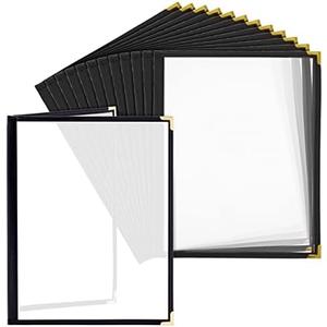 Juvale Clear Menu Covers - 12-Pack, Letter Size 8.5 x 11 in, Black PU Leather - Double Panel Clear Sleeves & Gold Metal Corners - 4-View Menu Holders for Restaurants & Bars