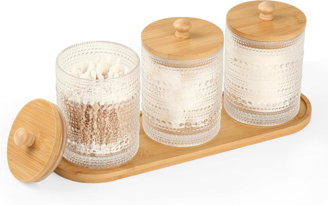 3 Pack Qtip Holder - Bathroom Organizers and Storage, Cotton Round Pad Holder Floss Pick Cotton Ball Holder with Tray, Glass Apothecary Jars with Lids, -clear y D