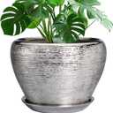 Flower Pot - 10 Inch Planter with Drainage Hole and Saucer - Indoor/Outdoor Decorative Mid-Century Planter - Silver