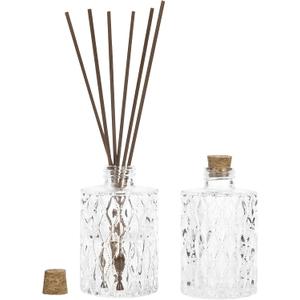 MyGift Small Clear Glass Reed Diffuser Bottles, Vintage Embossed Apothecary Style Flower Bud Vases with Cork Lids, Set of 2