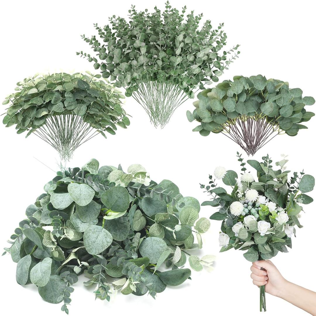 Giegxin 270 Pcs 3 Kinds Mixed Eucalyptus Leaves Stems Bulk Artificial Silver Dollar Leaves Picks Dried Eucalyptus Bundle Faux Spray for Wedding Vase Bouquet Floral Arrangement (Green)