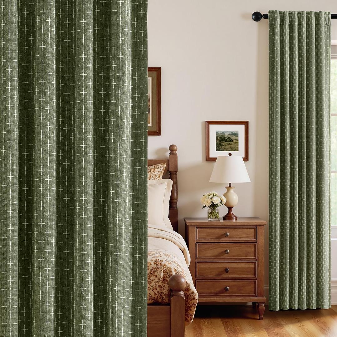 MIULEE 100% Blackout Decorative Linen Striped Curtains with Geometric Pattern, Thick Woven Farmhouse Western Rustic Drapes with Back Tab for Bedroom/Living Room, Olive Green, 52 x 84 Inches, 2 Panels