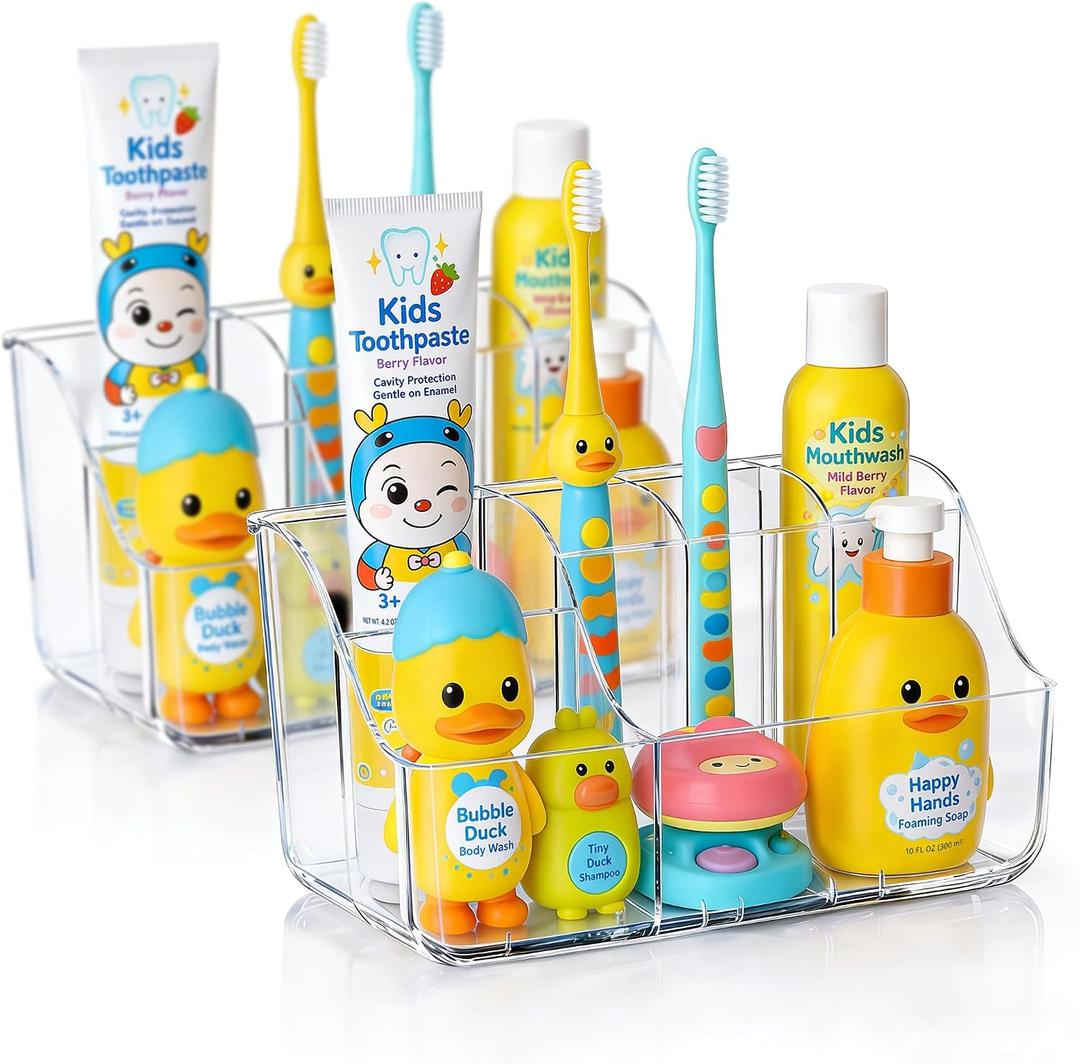 Sotfamily 2-Pack Clear Kids Toothbrush Holders for Bathrooms, Wall-Mounted Tooth Brush Holder & Toothpaste Holder for Bathroom Countertop or Wall, Space-Saving Bathroom Organizers and Storage(No-Drill
