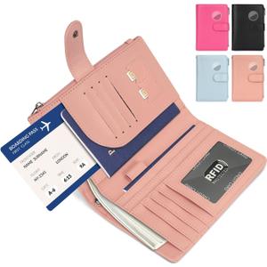 RFID Passport Holder for Women/Men Travel Gift, Large Capacity Passport Wallet, Family Travel Documents Organizer with Card/Airtag Slots, Zipper coin pocket, Cash Holder Passport Cover Case(Baby Pink)