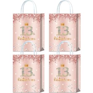 16 Pieces Rose Gold 13 & Fabulous 13th Birthday Party Favors Bags,Happy 13th Birthday Girl Gift Snacks Treat Candy Favors Bags with Handles for Girls 13th Birthday Party Decorations