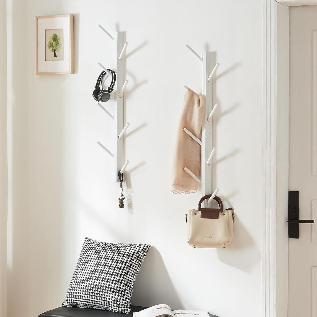 2 Pack Coat Rack Vertical Wall Mount, Bamboo Coats Hooks Clothes Holder Hanger for Wall Coat Hat Jacket Clothing Bathroom Robes Mudroom Entryway(White) (Large)