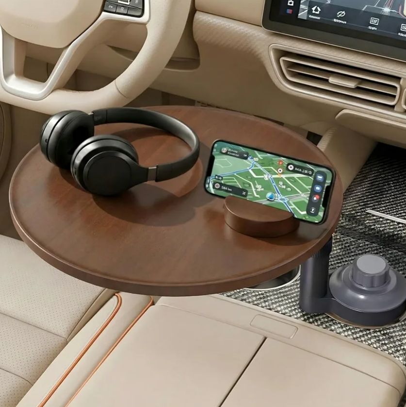 Car Desk for Laptop & Car Table Tray, Height-Adjustable 360° Rotating Wood Car Laptop Mount, Cup Holder Table, Steering Wheel Tray, Compatible with Tesla & Most Vehicles