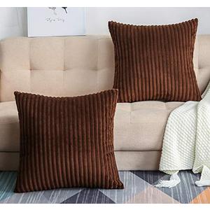 TangDepot, Soft Plush Velvet Big Striped Corduroy Solid Decorative Throw Pillow Covers, Square Pillow Covers - (12"x12" 1 Pieces, A65 Brown)
