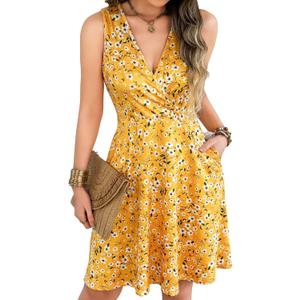 Casual Sleeveless Summer Dresses for Women | Floral Sundress, Wrap V-Neck, Elastic Waist with Pockets, Fit and Flare A-Line Design for Vacation, Beach, Casual Wear (XL)