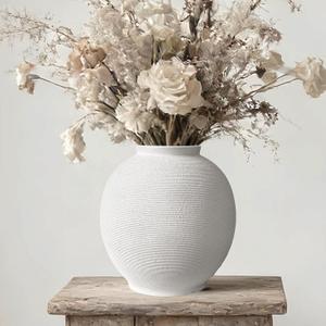Large White Ceramic Vase Home Decor, Round Rustic Table Vases Farmhouse Living Room Entrway Kitchen Bedroom DecorationsMinimalist Hand-Made Textured Vase (10.8 Sandstone White)