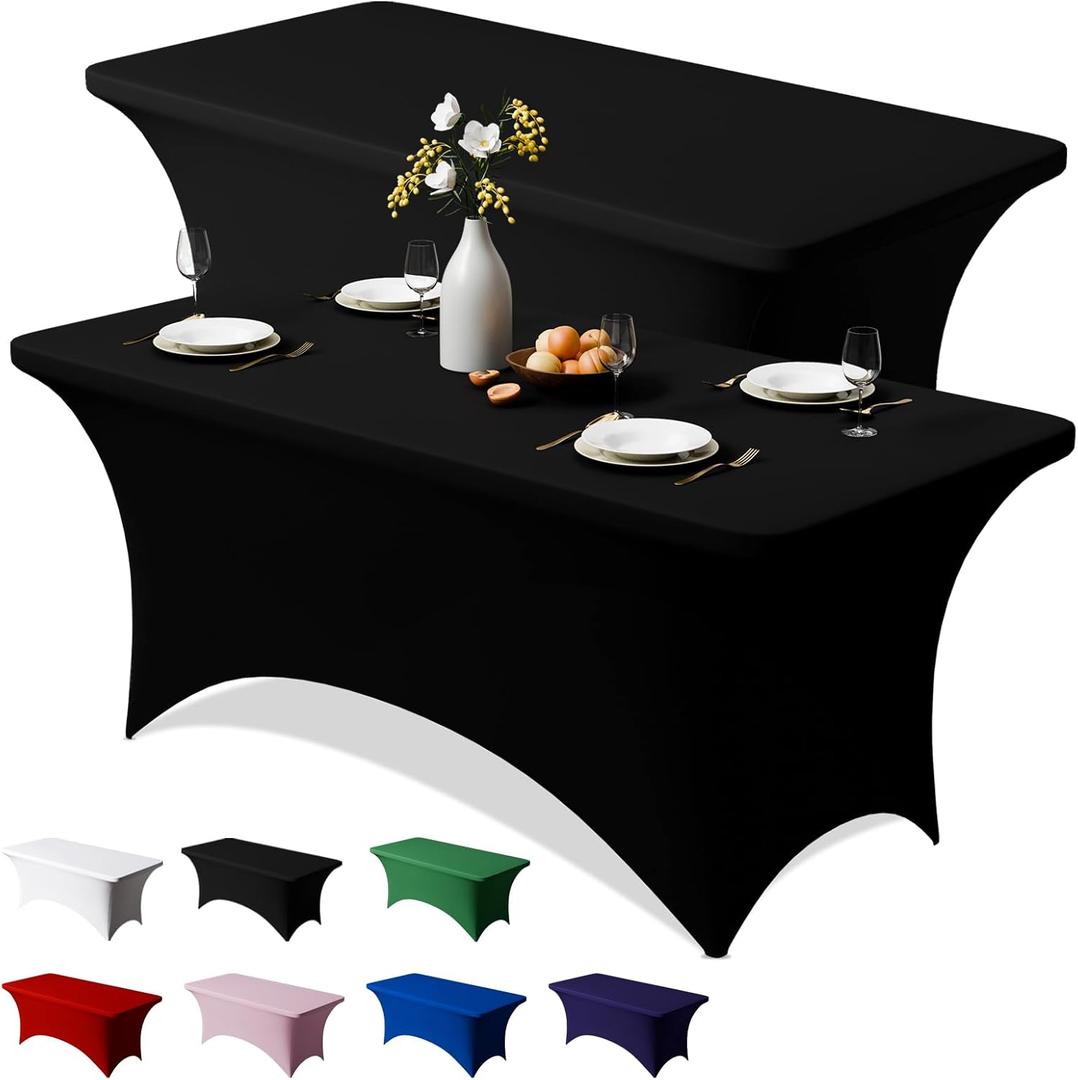 Trlyc 2 Pack 6FT Spandex Table Cloth - 72 x 30 Inch Rectangular Stretch Tablecloth, Wrinkle Resistant Scretch Table Cover for Wedding, Party, Banquet, Picnic, Outdoor Decoration (2Pcs,Black)