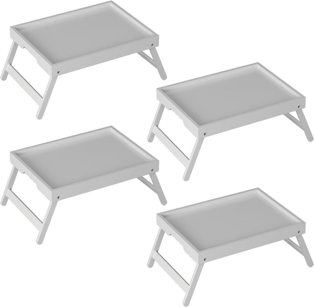 Bed Tray Table with Folding Legs, Bamboo Breakfast in Bed for Kitchen Serving Tray, Sofa, Eating, Used As Laptop Desk Snack Tray (4 Pack, White Color) (Medium)