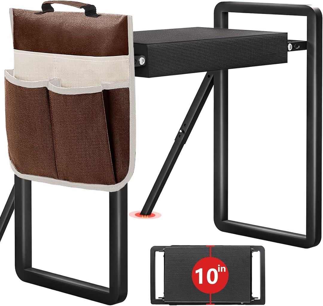 Foldable Garden Kneeler Seat Heavy Duty with Support Bracket [Upgraded Widened Thick 10'' Kneeling Pad] Garden Stool with Large Garden Tool Bags with Pockets -Gardening Gifts for Parents (Black)