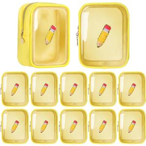 Reginary 12 Pcs Back to School Gift Bags Pencil Patches Makeup Bags with Zipper Funny Teacher Clear Cosmetic Purse Waterproof Party Favors Gift for Teacher Classroom