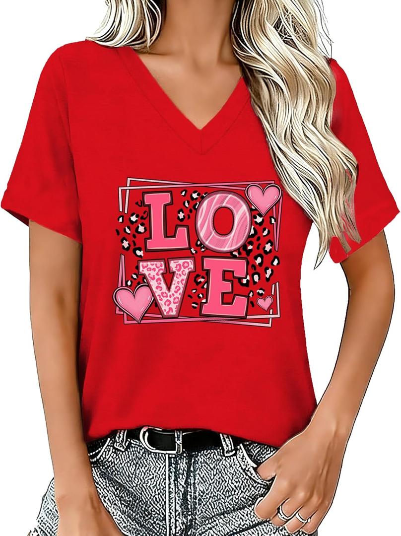 Valentines Shirts for Women V-Neck Valentine Day T-Shirt Love Tee Heart Tops (S)