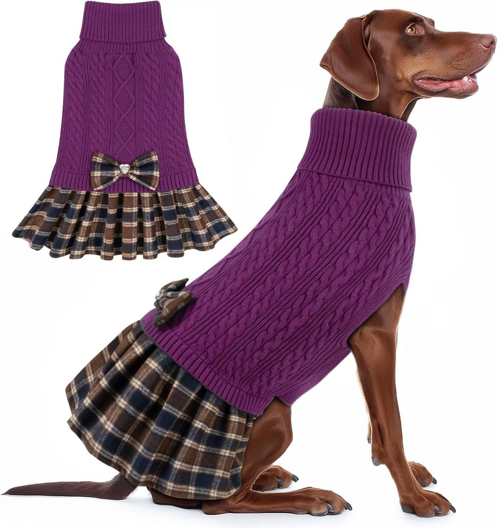 KYEESE Dog Sweater Warm Dog Sweater with Bowtie for Holiday Stretchy Dogs Clothes Warm Pullover Pet Sweaters for Medium Dogs Girl, Purple, XX-Large