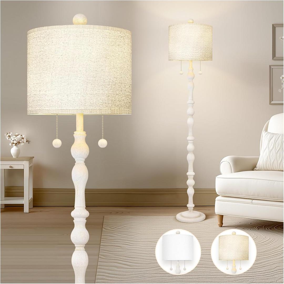 Scenekoy 65.5 Natural Real Wood Floor Lamp for Living Room Bedroom, Dual S Cluster Socket, Pull Chains Switch, Farmhouse Tall Standing Lamp with Linen Shade for Home Room Decor (Bulbs Included)