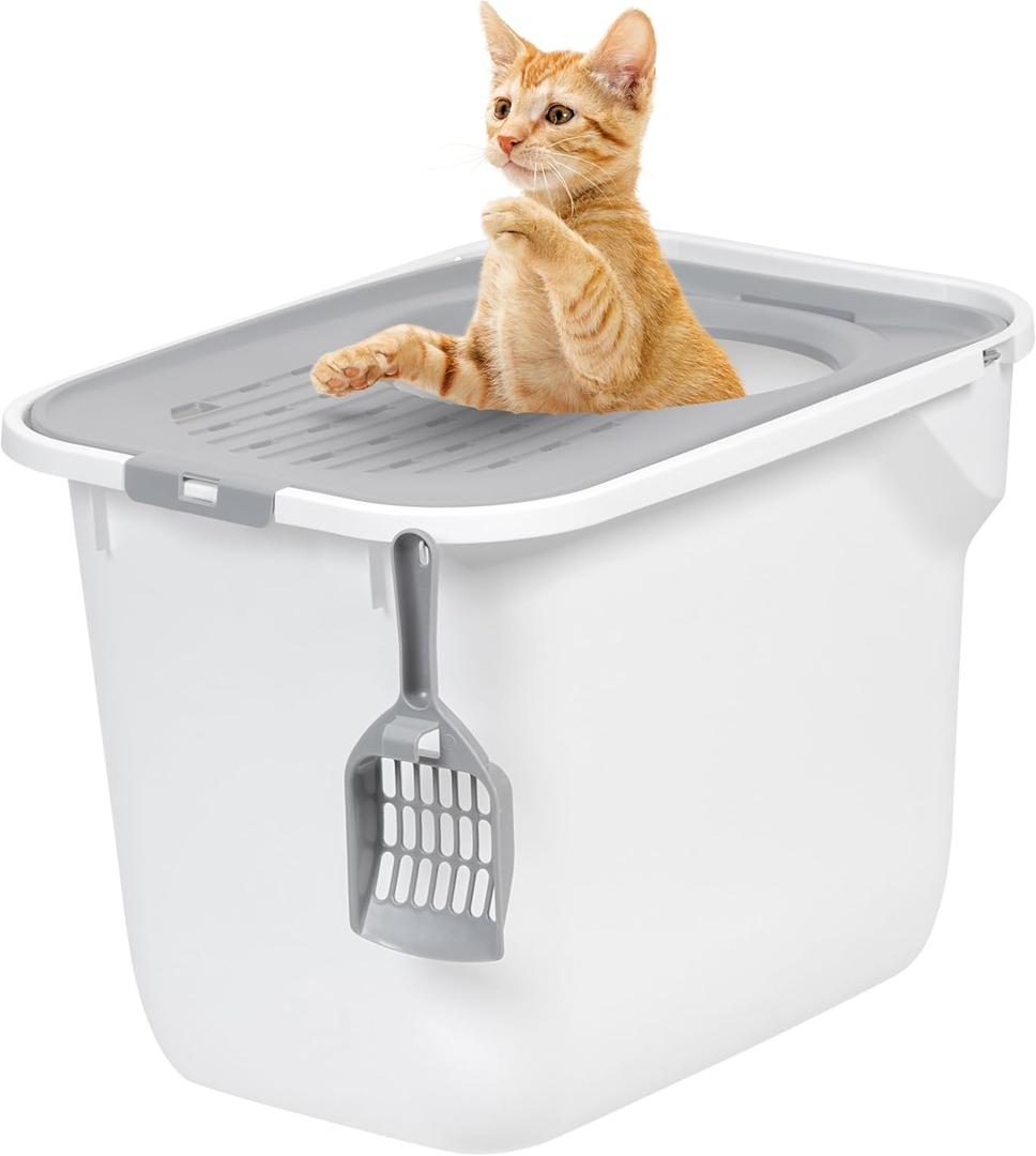 IRIS USA Cat Litter Box, Large Cat Box Enclosure, Top Entry with Litter Catching Lid, Enclosed with Scoop, White/Gray (White w/ Scoop)