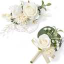 Serwalin White Rose Corsage and Boutonniere Set, Boutonniere for Men and Wrist Corsage Wristlet Prom Homecoming Wedding Flowers Accessories Party Suit Decorations