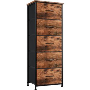 Somdot Tall Dresser for Bedroom with 5 Drawers, Storage Organizer Chest of Drawers with Removable Fabric Bins for Closet Bedside Living Room Laundry Entryway Hallway, Wood Grain Print