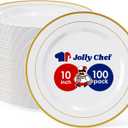 JOLLY CHEF 100 Pieces Gold Plastic Plates, 10 Inch Elegant Disposable Dinner White with Gold Rim, Disposable Plastic Plates for Dinner, Birthdays and Weddings