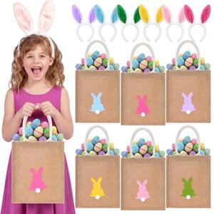 Domensi 12 Pcs Easter Tote Bag Set with Bunny Headband Reusable Jute Easter Burlap Totes, 6 Bunny Ears Headband for Kids, Bulk Bags for Egg Hunt Candy Party Favors, Spring Hunting Daily Use