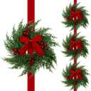 Artificial Cedar Christmas Wreath 63" Christmas Three Cedar Wreaths with 3 Red Velvet Bow Ribbon and Berries Front Door Decoration Wall Hanging Home Decoration for Xmas Party