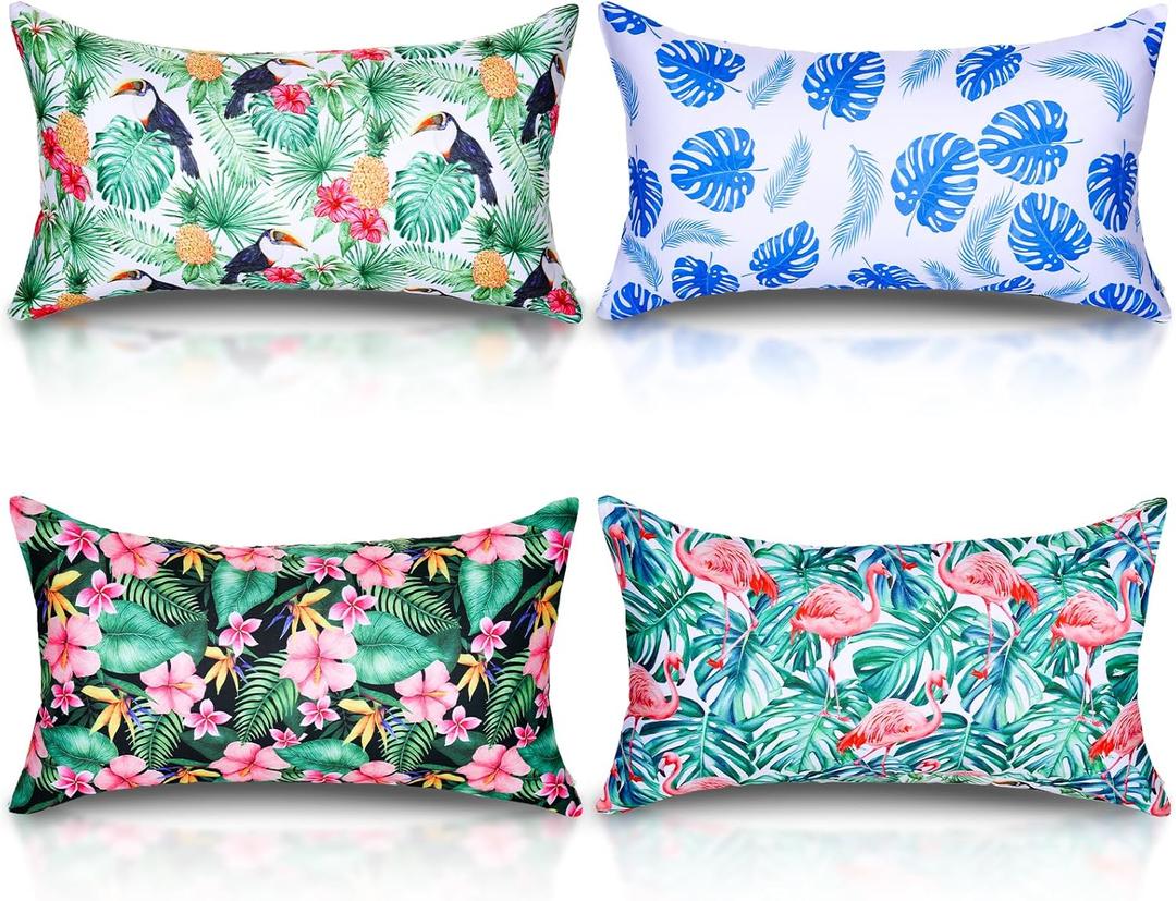 4 Pcs Inflatable Beach Pillow Portable Blow up Travel Camping Pillows with Covers for Hawaii Summer Pool Travel Vacations(Tropical Leaves)