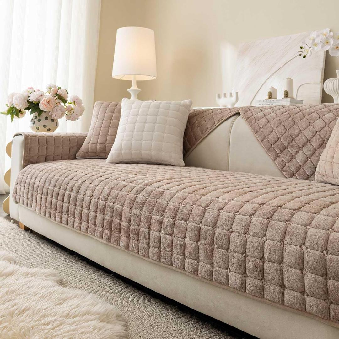 Velvet Washable Couch Cover for Pets Dogs, Non Slip Sectional Sofa Covers for 3 Cushion Couch Sofa L Sharped Sofa Slipcovers, Furniture Protector (1 PCS 36"x70", Khaki)