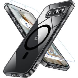 for Google Pixel 9A Case, Compatible with MagSafe, Transparent Slim Shockproof Cover with Screen Protector, Anti-Fingerprint and Anti-Scratch Bumper for Pixel 9A, Black