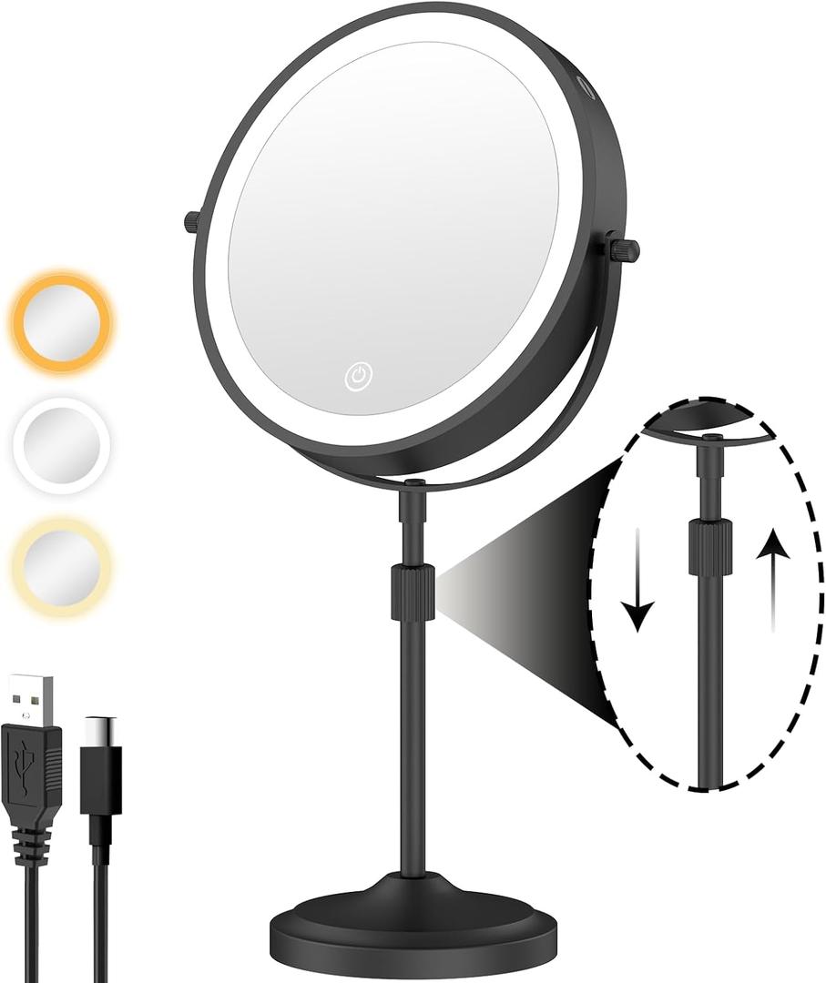9" Lighted Makeup Mirror with 1X 10x Magnification, 5000mAh Rechargeable Led Magnifying Vanity mirror with lights, 3 Lighting Colors, Brightness Dimmable Height Adjustable Cosmetic Mirror Black