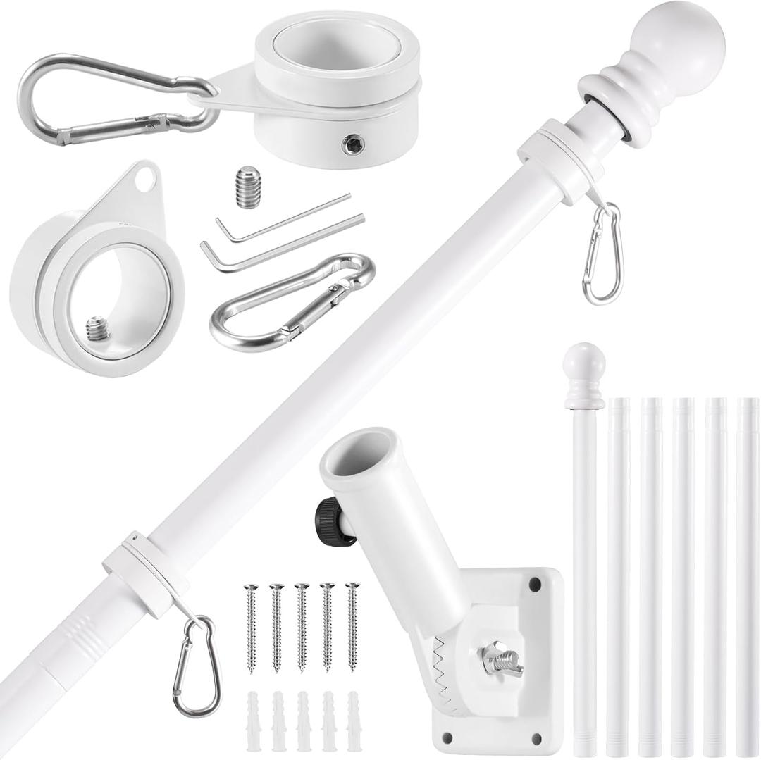 White Flagpole Kits, 7 FT Thickened Stainless Steel House Porch Wall Flag Pole Kit for 3x5'/4x6' Flag, 1" Anti-Wrap Spinning Flag Pole Ring Clips & 180 Adjustable Multi-Position Bracket Holder
