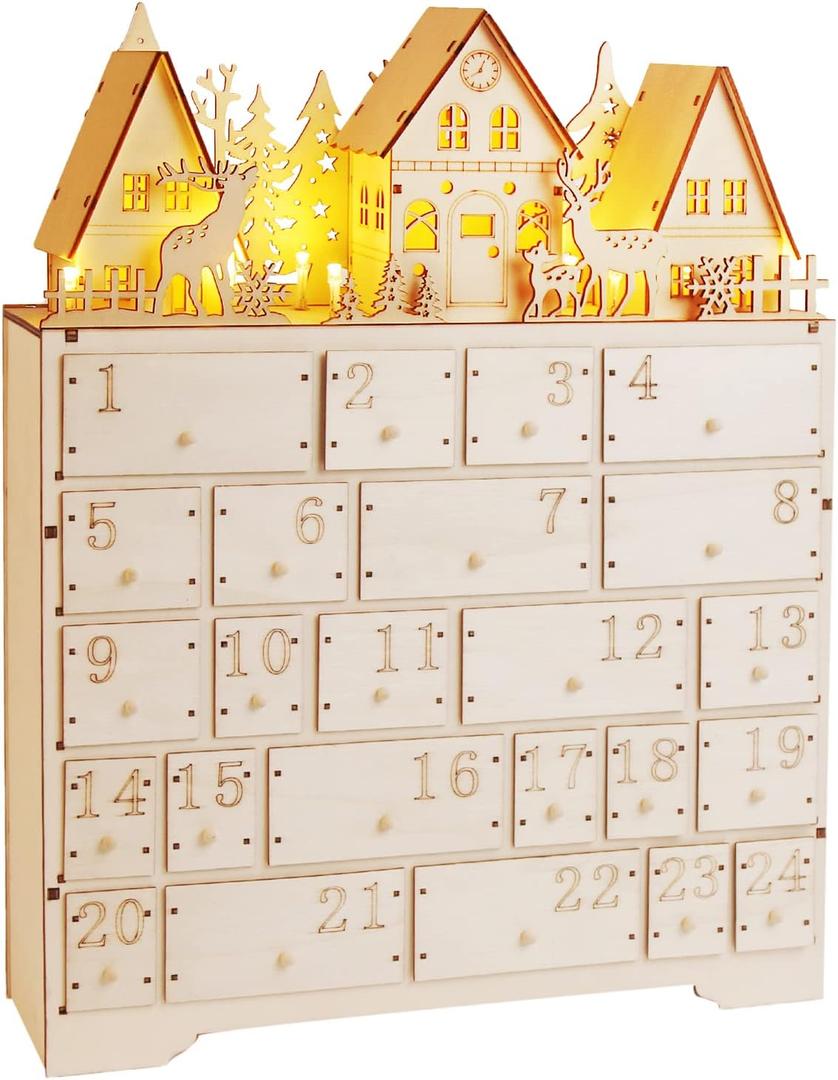 CCINEE Christmas Wooden Advent Calendar with 24 Storage Drawers, Countdown to Christmas Decoration with LED Lights Large Size Xmas Countdown Calendar for Holiday Decoration Upgraded