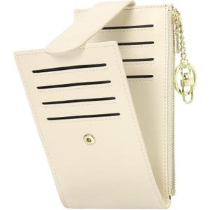 Credit Card Slim Wallet for Women and Men, PU Leather Card Holder with KeyChain Ring - 14 Slots & 1 ID Window & 1 Zipper Pocket, Beige