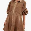 Gozoloma Women's Denim Dress Long Balloon Sleeves Button Down A Line Swing Ruffle Jean Mini Babydoll Dress with Chest Pocket Size XS