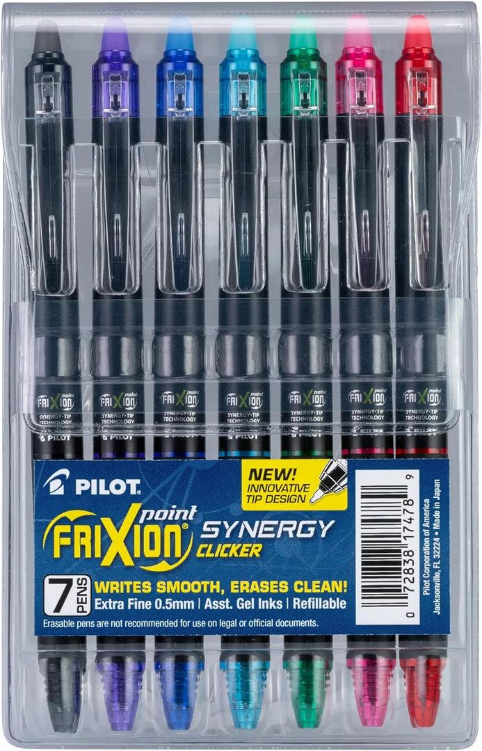 Pilot FriXion Synergy Clicker Erasable, Refillable, Retractable Gel Ink Pens, Extra Fine Point 0.5 mm, Pack of 7, Assorted Colors, FriXion Erasable Pens 0.5 - Ideal for School & Office Writing