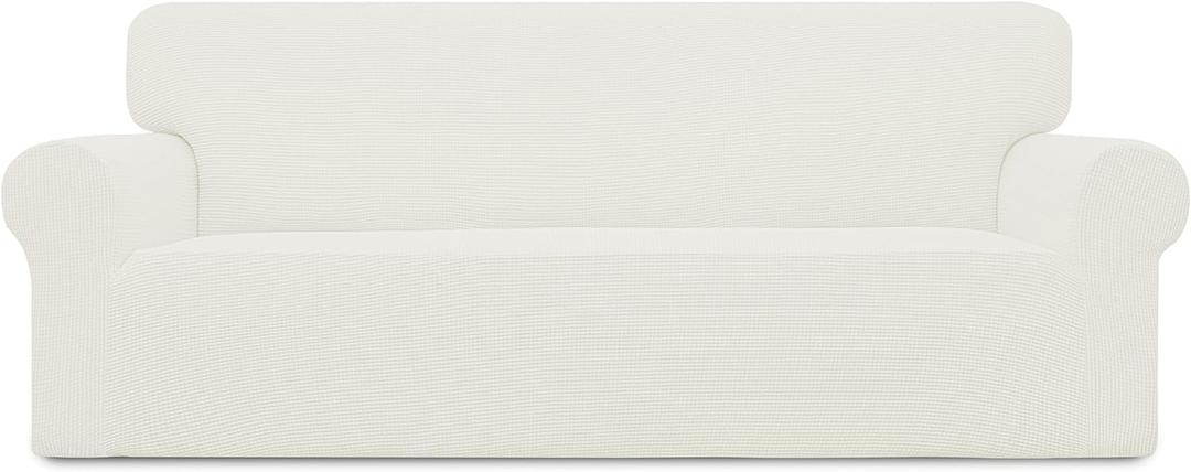 Easy-Going Stretch Sofa Slipcover 1-Piece Sofa Cover Furniture Protector Couch Soft with Elastic Bottom for Kids, Polyester Spandex Jacquard Fabric Small Checks (Sofa, Cream)