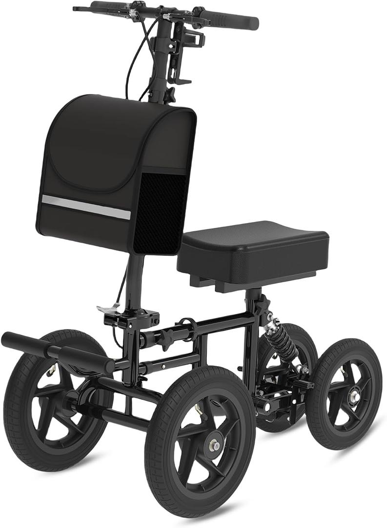 All Terrain Knee Scooter for Adults, Foldable Rolling Knee Scooter with DIY Stickers & Shock Absorber, Steerable Knee Walker for Broken Foot, Ankle Injuries & Surgery, Better Crutch Alternative (Cool Black)