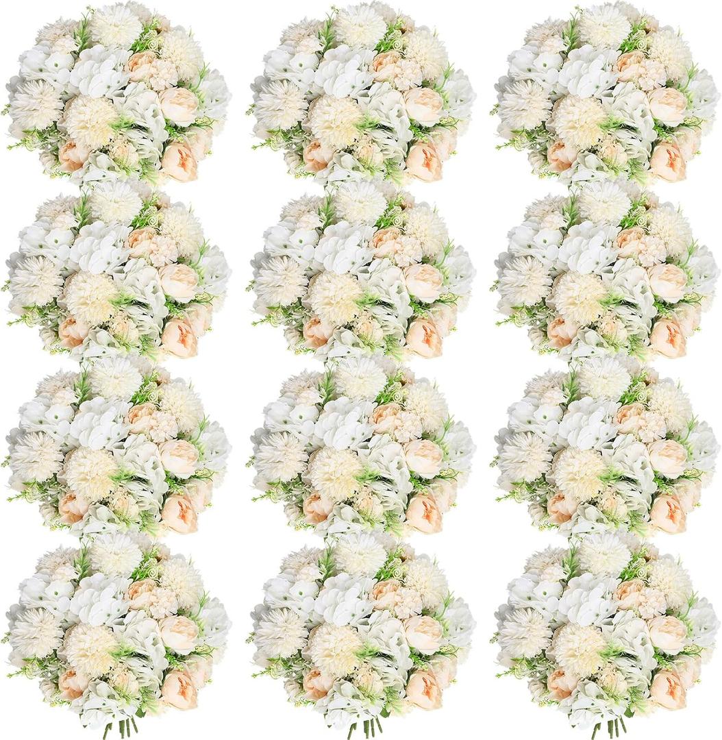 Tigeen Artificial Flowers Artificial Peonies Silk Flowers Faux Peony Fake Peony Silk Hydrangea Bouquet for Wedding Table Centerpiece Floral Vase Decor(Champagne White,12 Bundles)
