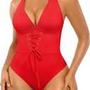 SHAPELLX Women One Piece Swimsuits Tummy Control Bathing Suits Push Up Slimming Swimwear with Built-in Bra V Neck (XX-Large, Red)