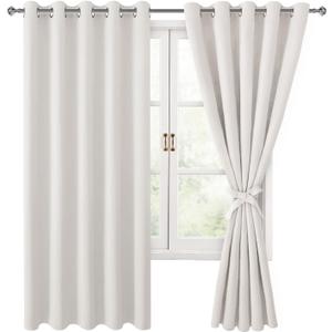 Hiasan Blackout Curtains for Bedroom, 60 x 63 Inches Length - Thermal Insulated & Light Blocking Window Curtains for Living Room/Kids Room, 2 Drape Panels Sewn with Tiebacks, Ivory