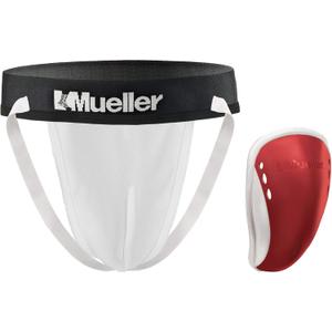 MUELLER Sports Medicine Teen Boy's Athletic Supporter with Flex Shield Cup, Youth Jockstrap for Sports, White Underwear/Red Cup, Large